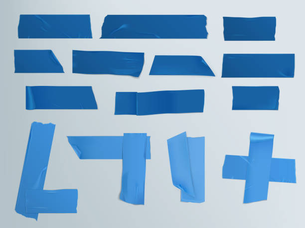 Vector illustration set of different slices of a adhesive tape with shadow and wrinkles Vector illustration in a realistic style set of different slices of a blue tape with shadow and wrinkles isolated on a gray. Print, template, design element sticky tape stock illustrations