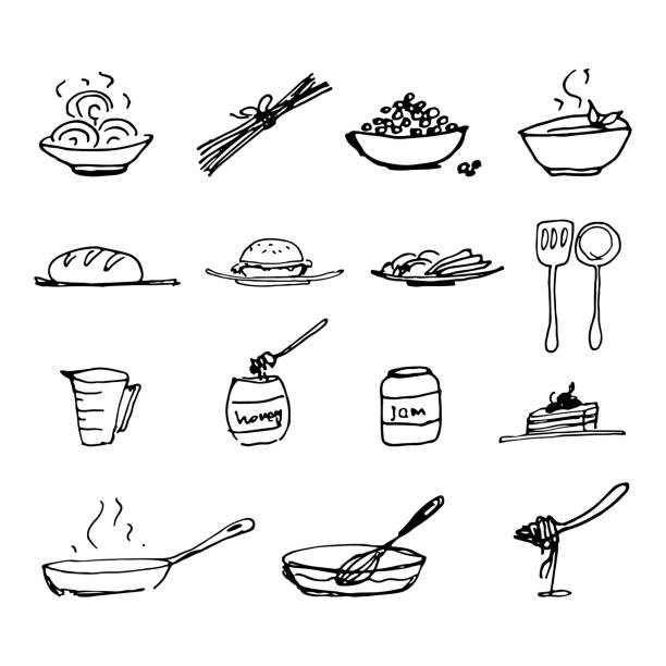 Vector illustration. Set of drawn food icons and kitchenware. Vector illustration. Set of drawn food icons and kitchenware. pasta drawings stock illustrations