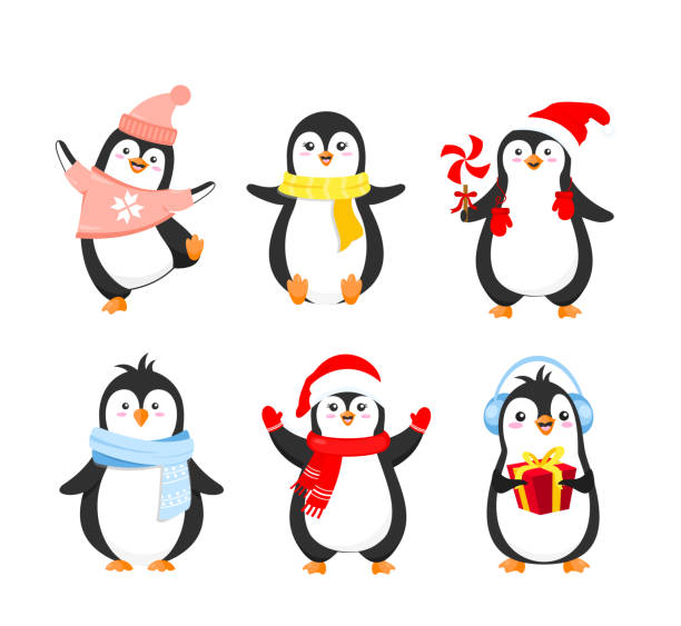 vektor-illustration set lustige weihnachten pinguine in warme kleidung. niedliche pinguine kollektion für winter urlaub grußkarten entwerfen im cartoon-stil flache isoliert auf weißem hintergrund. - kaltes herz stock-grafiken, -clipart, -cartoons und -symbole