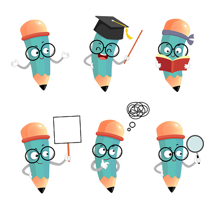 Vector illustration set of happy cartoon pencil mascot characters in different poses and emotions