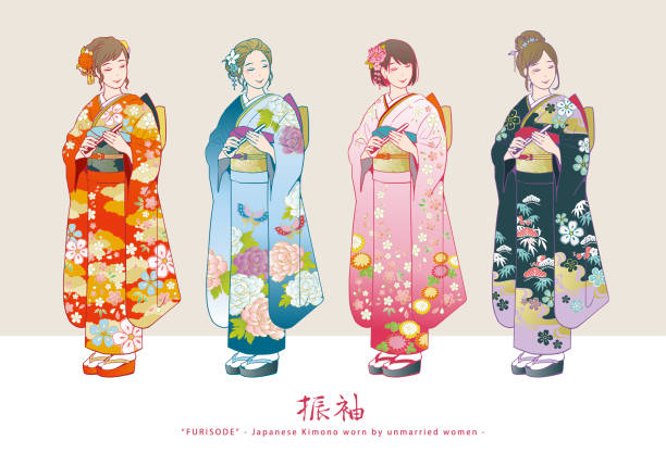Vector illustration - Set of Japanese kimono ”Furisode” and Japanese sandals ”Zori”,bags. Vector illustration - Set of Japanese kimono ”Furisode” and Japanese sandals ”Zori”,bags.（Translation of calligraphy：Furisode） furisode stock illustrations