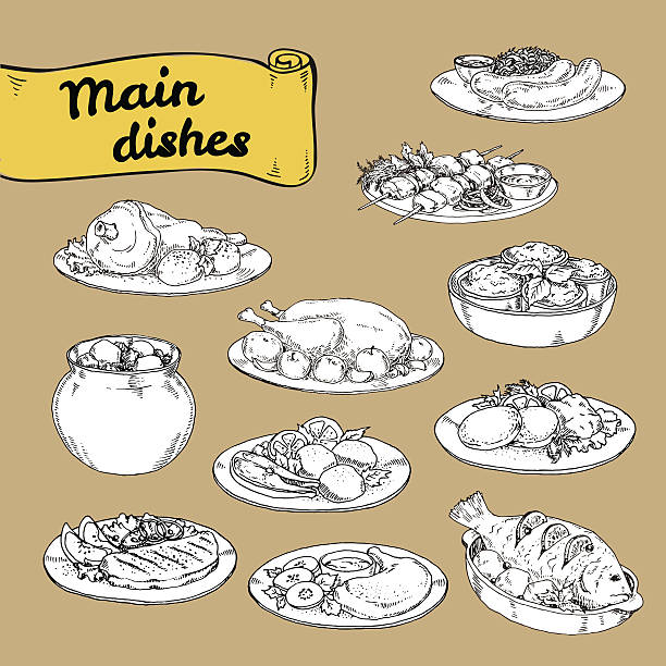 stockillustraties, clipart, cartoons en iconen met vector illustration set of main courses for design of restaurants - meat loaf