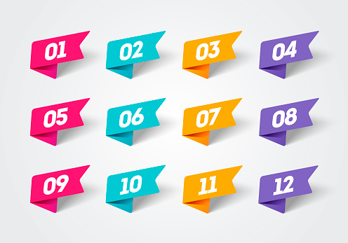 Vector illustration set of modern flag style bullet points. Retro color Numbers 1 to 12.