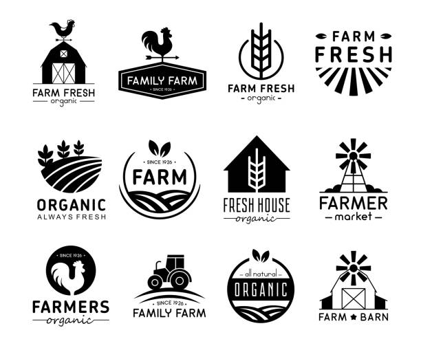 Vector illustration set of organic products logos and labels. Farm logos, fresh and healthy food logotypes collection isolated on white background. Vector illustration set of organic products logos and labels. Farm logos, fresh and healthy food logotypes collection isolated on white background farm stock illustrations