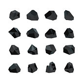 Vector illustration set of various black coal pieces isolated on white background - collection of mineral resources. Icons of cut bits of rock graphite charcoal in flat style.