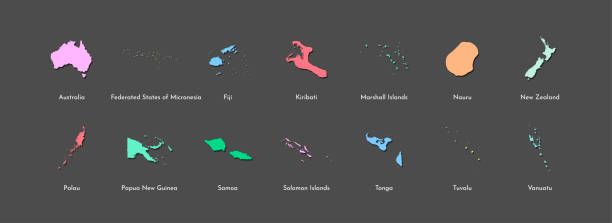 ilustrações, clipart, desenhos animados e ícones de vector a ilustração ajustada com mapas simplificados de todos os estados de oceania (países: austrália, micronesia, fiji, consoles de marshall e outro) - tonga