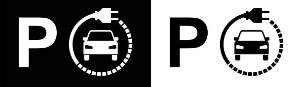 vektor-illustration, zeichen parkplatz, elektroauto-ladegerät, schwarz und weiß. - electric car stock-grafiken, -clipart, -cartoons und -symbole