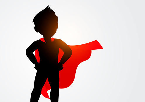 Vector Illustration Silhouette Of Child In Superhero Costume. Kid In Super Hero Pose.
