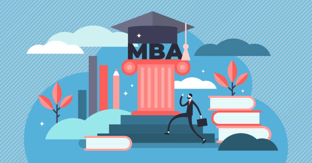 MBA vector illustration. Tiny Master Business Administration person concept MBA vector illustration. Flat tiny Master of Business Administration person concept. Education management strategy for student knowledge growth. Graduation hat as academical learning and wisdom symbol MBA stock illustrations