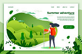 Vector illustration -  tourist girl looking on mountain to climb. Forests, trees and hills on green background. Banner, site, poster template with place for your text.