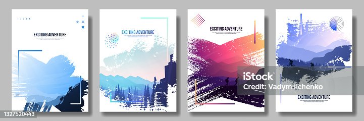 istock Vector illustration. Travel concept of discovering, exploring and observing nature. Hiking. Climbing. Adventure tourism. Flat design elements brochure, magazine, book cover, invitation, poster, card 1327520443