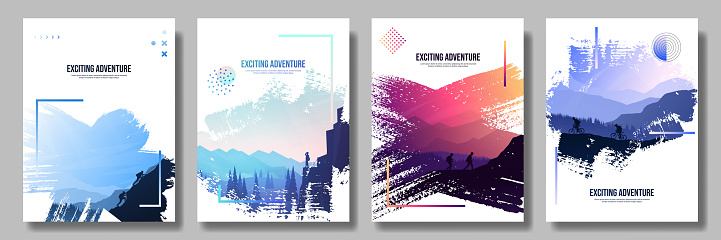 Vector illustration. Travel concept of discovering, exploring and observing nature. Hiking. Climbing. Adventure tourism. Flat design elements brochure, magazine, book cover, invitation, poster, card