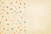 Vector Illustration where the left half of the  design is  in Vintage colors, beige, pale blue and dull orange brown, party and celebration elements like swirls, stars, confetti on a pale grunge beige starry background, and the right half is plain beige grunge empty for copy space. The elements are scattered randomly over the backdrop and are of varying sizes, small, very small and medium. Postcard, wallpaper, copy space. Xmas greeting card, Christmas, New Year, Birthday party celebration and wishes.