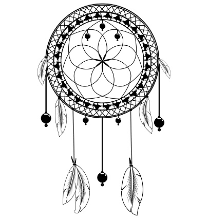 vector illustration white and black colored image of dreamcatcher with feathers