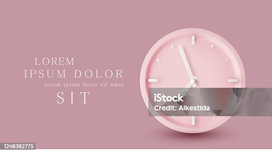 istock Vector  illustration with 3d object. Pink watch dial with white hands. Isolation on a pink background. Minimalistic pastel template for web site design, flyer, card, banner, advertisement. 1248382775