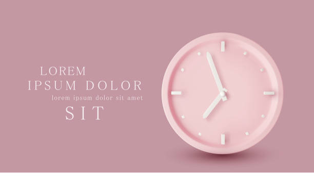 ilustracja wektorowa z obiektem 3d. różowy zegarek tarcza z białymi rękami. izolacja na różowym tle. minimalistyczny pastelowy szablon do projektowania stron internetowych, ulotki, karty, baneru, reklamy. - clock stock illustrations