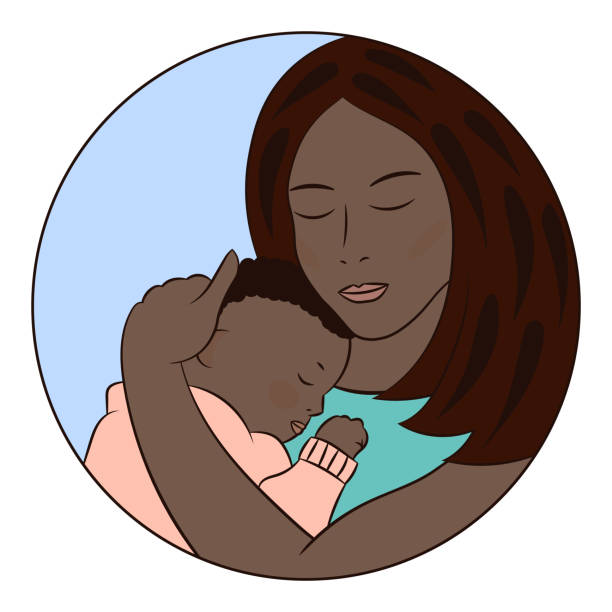 Vector illustration with an african black mother and baby Vector illustration with an african black caring loving mother and a cute sleeping baby african american mothers day stock illustrations