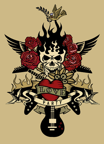 vector illustration with an electric guitar and Human skull ,revolver, roses and music notes tattoo and t-shirt design. Symbol of rock, musical festivals