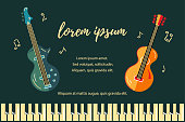 Vector illustration with bass guitar and acoustic guitar. Template for invitation, guitar lessons, shop, web, poster, banner.