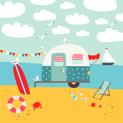 Vector illustration with camper trailer and  surfboard on the beach.