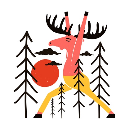 Vector illustration with colored moose in yellow pants with sun and pine trees.