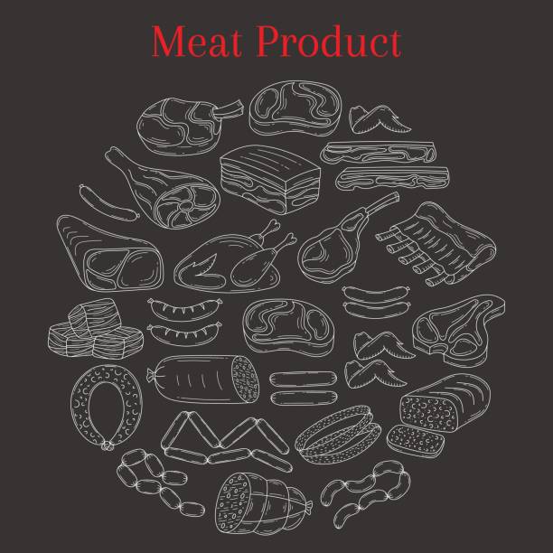 Vector illustration with different kinds of meat Vector illustration with different kinds of meat beef steak, lamb chop, pork, chicken and sausages, doodle sketch style, isolated on chalkboard background. meatloaf stock illustrations