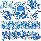 Vector illustration with gzhel floral motif in traditional Russian style isolated on white and ornate flowers and leaves in blue and white. Floral elements in ornament painting for folk craft design.