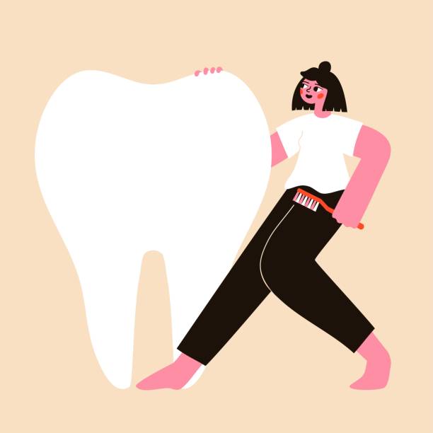 bildbanksillustrationer, clip art samt tecknat material och ikoner med vektorillustration med stor frisk vit tand och glad dansande kvinna kramar den med tandborste - kvinna borstar tänderna
