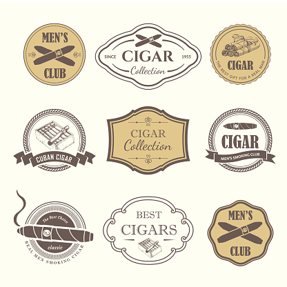 Vector Illustration with icon and labels. Simple symbols tobacco, cigar. Traditions of smoke. Decorative illustrations, icon for your design. Gentleman style