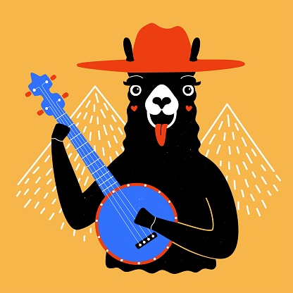 Vector illustration with llama in red hat playing blue banjo. White doodle style mountains on background.