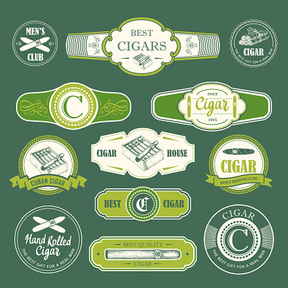 Vector Illustration with logo and labels. Simple symbols tobacco, cigar. Traditions of smoke. Decorative illustrations, icon for your design. Gentleman style