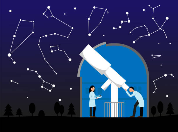 Vector illustration with observatory, night sky and constellations. Telescope in observatory. Astronomy. Scientists astronomers observe the stars. Vector illustration with observatory, night sky and constellations. Telescope in observatory. Astronomy. Scientists astronomers observe the stars. Vector illustration observatory stock illustrations
