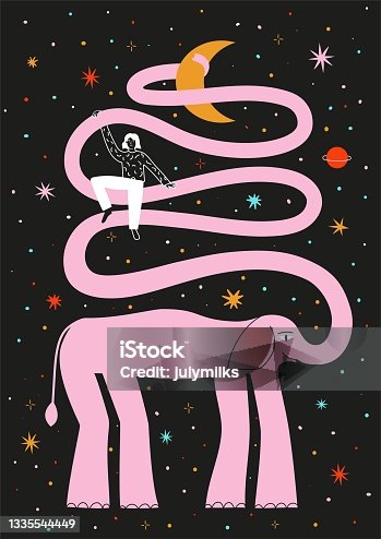 istock Vector illustration with pink elephant, girl and stars. 1335544449