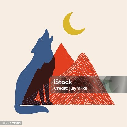 istock Vector illustration with red mountains, blue howling wolf and yellow moon. 1320774484