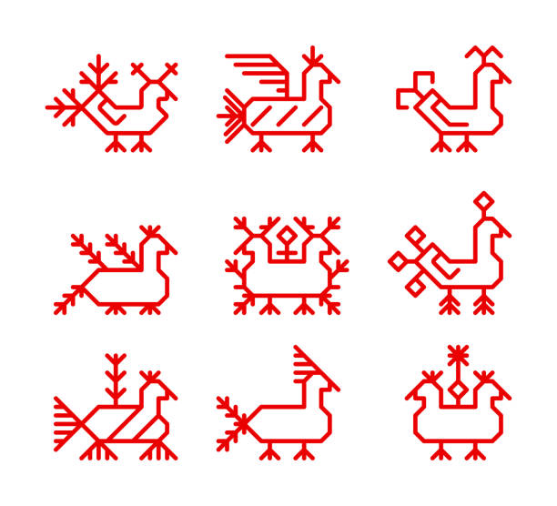 vector illustration with red simplified symbol of bird. line shape is traditional ornamental element of karelia and finland nations. decorative icon of hen for native embroidery - 北卡累利阿區 芬蘭 幅插畫檔、美工圖案、卡通及圖標