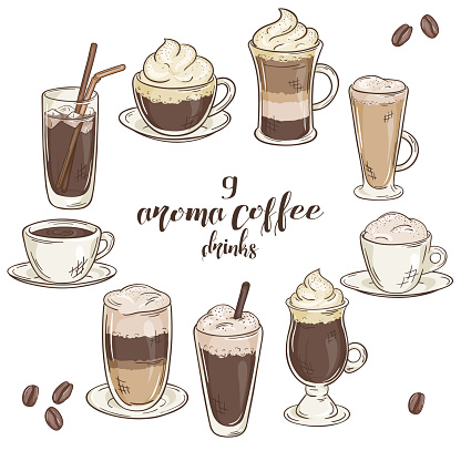 vector illustration with set of isolated cup of coffee drinks