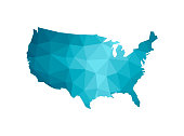 Vector illustration with simplified blue silhouette of United States of America (USA) map. Polygonal geometric style, triangular shapes. White background.