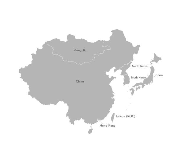 아시아 국가의 단순화 된 지도와 벡터 일러스트. 동부 지역. 중국, 일본, 남부 및 북한, 대만, 몽고의 국경 및 이름. - north korea stock illustrations