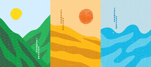 Vector illustration. Wood surface texture. Mountain peak, desert hills, sea waves. Line pattern. Background asian style. Design for poster, cover, web template, brochure, postcard, flyer, wall decor