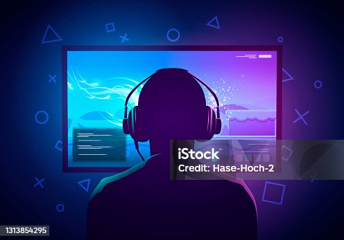 istock Vector Illustration Young Gamer Sit In Front Of A Screen And Playing Video Game. Wearing Headphone. 1313854295