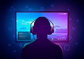 istock Vector Illustration Young Gamer Sit In Front Of A Screen And Playing Video Game. Wearing Headphone. 1313854295