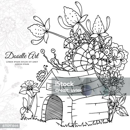istock Vector illustration zentangl, dog house in flowers. Doodle drawing. A 611091644