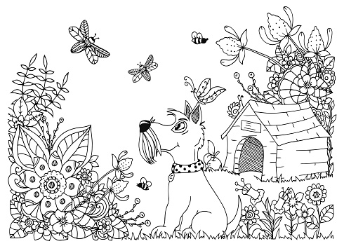 Vector illustration zentangl, dog kennel and in flowers. Doodle floral
