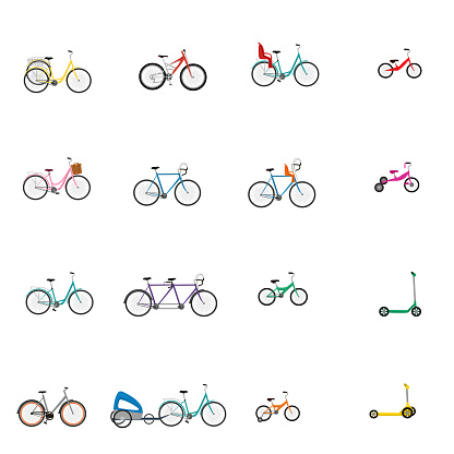 Vector illustrations of bicycle, child bike seat and kick scooter