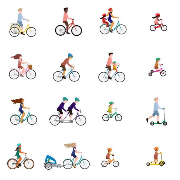 ilustrações de stock, clip art, desenhos animados e ícones de vector illustrations of bicycle, child bike seat and kick scooter - trotinetes