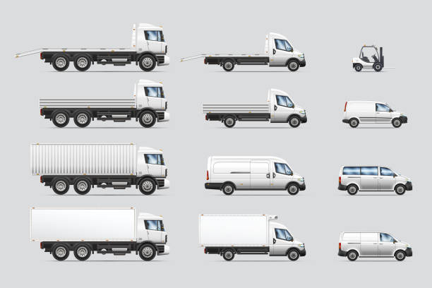 Vector illustrations set of commercial transportation and delivery trucks. Vector illustrations set of commercial transportation and delivery trucks, isolated on a white background. semi truck side view stock illustrations