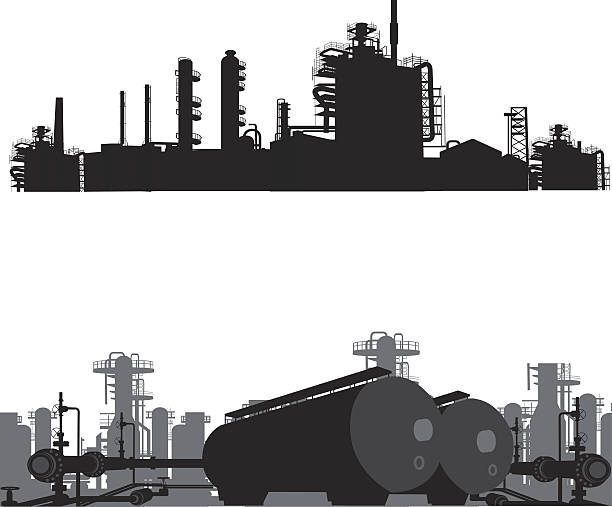 Vector illustration.Silhouette of an oil refinery Vector illustration.Silhouette of an oil refinery factory silhouettes stock illustrations