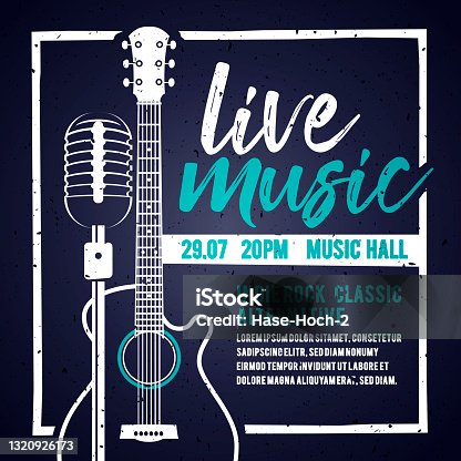 istock Vector illutration banner with an acoustic guitar and a microphone for concert, live music and party 1320926173