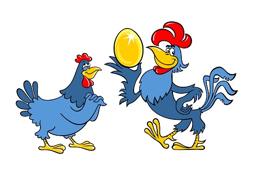 Vector image of a cockerel and a hen. The rooster and the hen show the golden egg. Rooster and hen drawn in cartoon style.