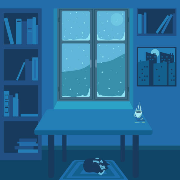 bildbanksillustrationer, clip art samt tecknat material och ikoner med vector image of a winter landscape. view of a cozy room with a window behind which it is snowing - cat snow